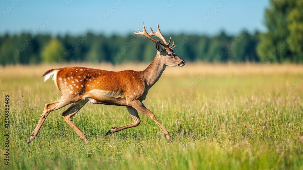 Fototapeta premium Majestic deer running gracefully across lush green meadow in sunlight