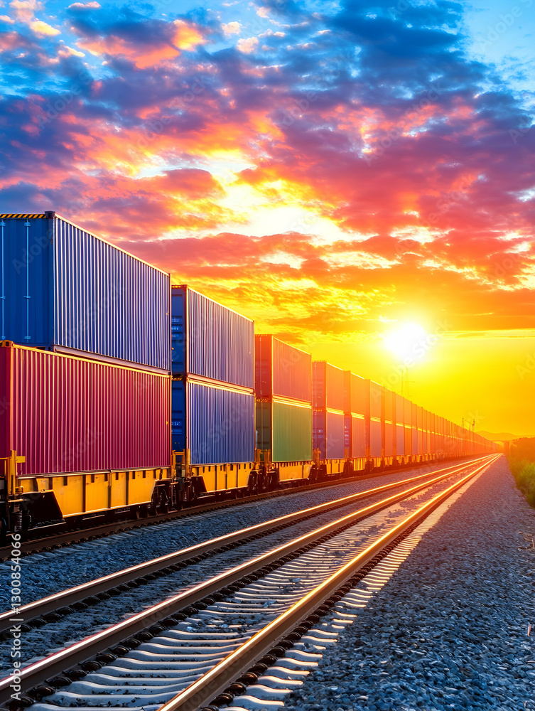 Fototapeta premium Sunset Freight Train, Rail Transport