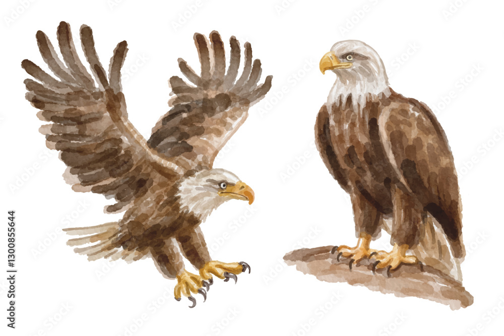 Fototapeta premium Watercolor set of bald eagle for logo, invitations and more