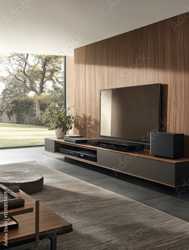 A modern minimalist living room with television and wood paneling