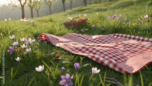 Red checkered picnic blanket laid on a grassy field scattered with flowers in a serene spring atmosphere
