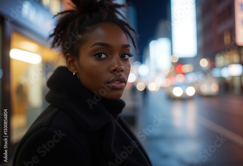  Woman in Black Coat with City Lights at Night
