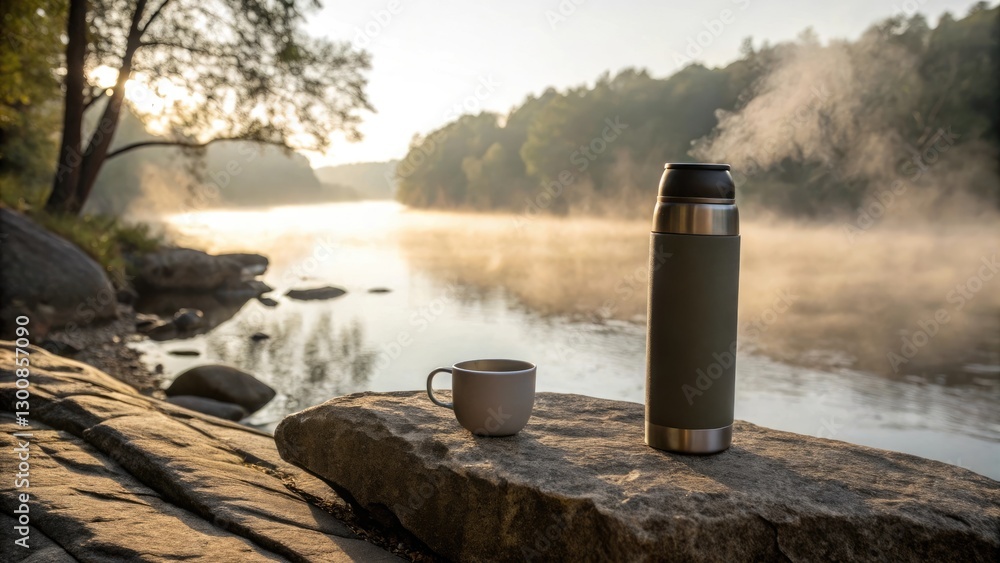 Gray thermos with a steaming cup placed on rocks by a misty river at dawn, evoking peaceful solitude