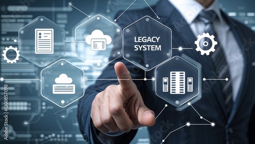 Businessman using virtual touch screen presses inscription: LEGACY SYSTEM. Legacy Systems Business Technology Interoperability Upgrade concept.system