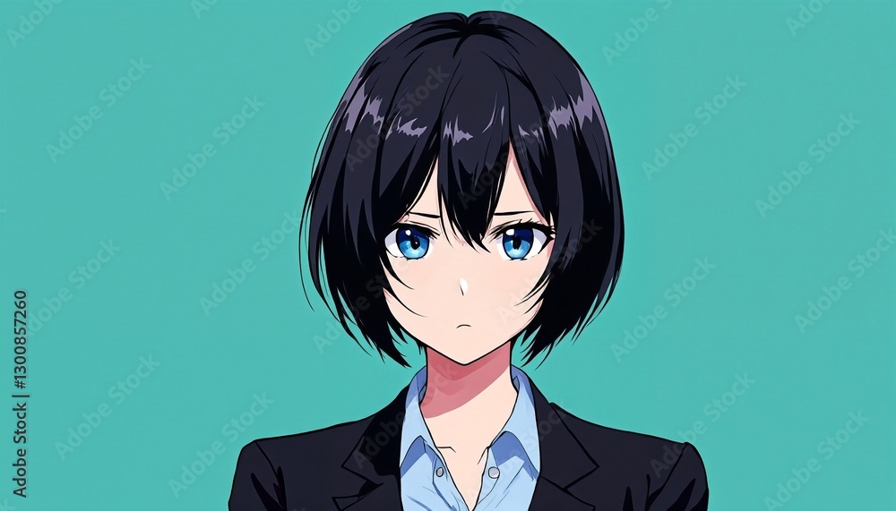 A partially cropped anime-style illustration featuring a young woman with short black hair and blue eyes, dressed in a light-blue button-up shirt paired with a dark-colored blazer. A partially cropped anime-style illustration featuring a young woman with short black hair and blue eyes, dressed in a light-blue button-up shirt paired with a dark-colored blazer.