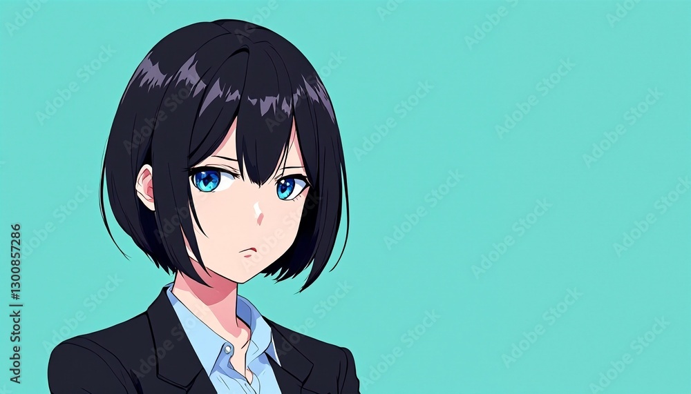Anime girl with bobbed black hair and blue eyes in business attire. Anime girl with bobbed black hair and blue eyes in business attire.