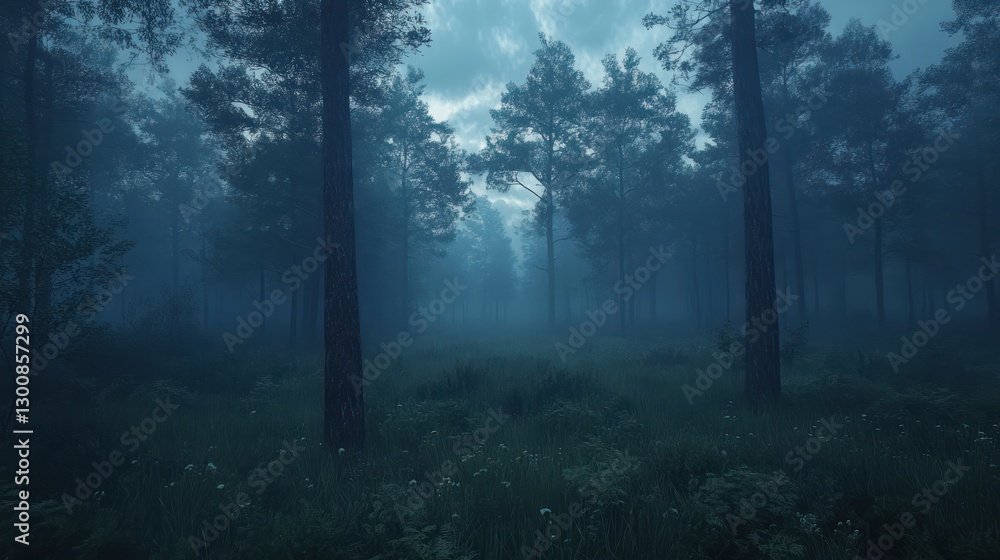 Obraz premium Misty forest path at twilight.