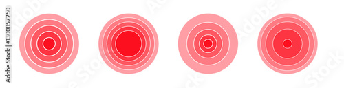 Red concentric rings. Epicenter theme. Pain localization icons. Radial soun dwave icon with circular rings PNG