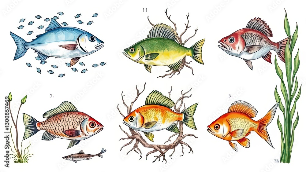 Fototapeta premium Colorful Fish Illustration Aquatic Life Marine Animals Underwater World