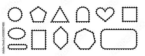 Vintage postage stamp vector frames set with various shapes, including rectangle, oval, and heart, ideal for letters and postcards