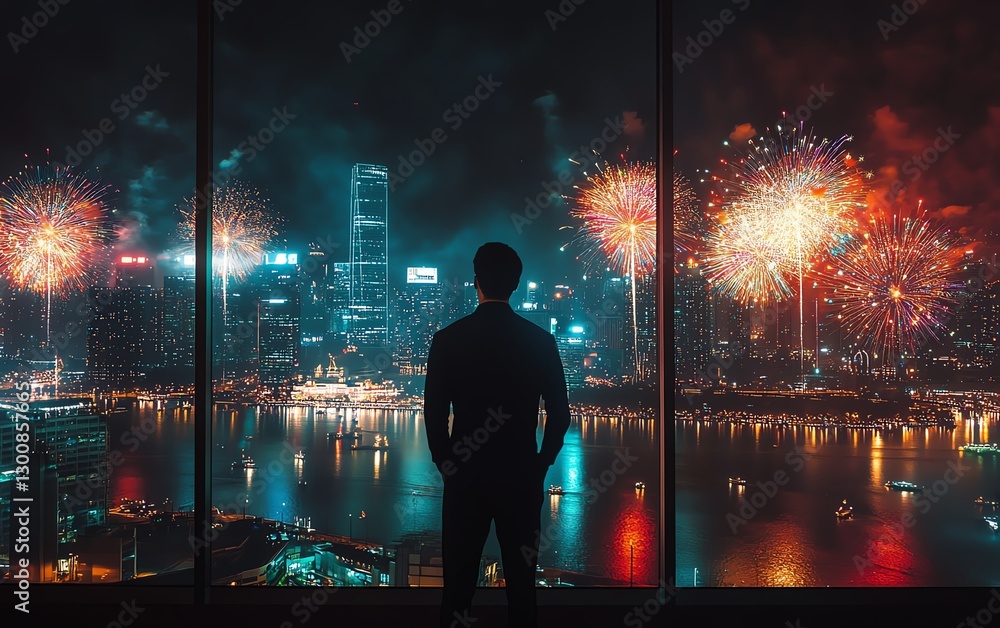 A solitary man standing by a window, contemplating colorful fireworks bursting over a cityscape at night, with the glowing skyline and dark horizon A solitary man standing by a window, contemplating colorful fireworks bursting over a cityscape at night, with the glowing skyline and dark horizon