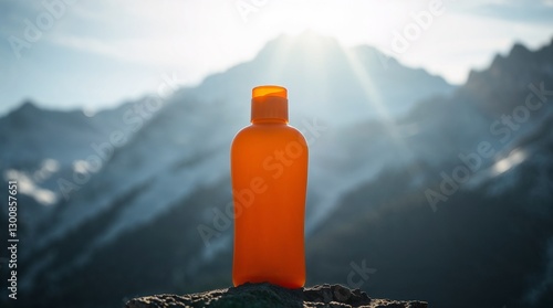 Bright Orange Sunscreen Bottle Mockup Against a Sunny Mountain Landscape photo