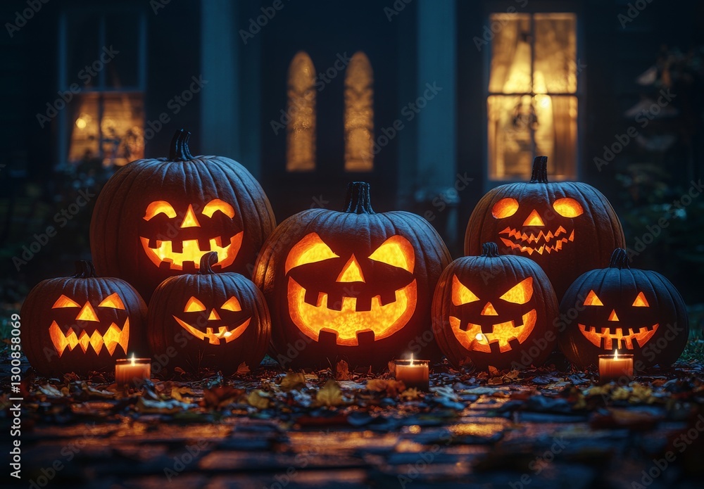 Spooky Halloween Pumpkins with Glowing Faces and Candlelight at Night in Autumn Setting Spooky Halloween Pumpkins with Glowing Faces and Candlelight at Night in Autumn Setting