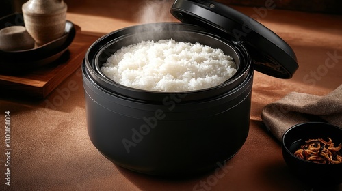A smart rice warmer with freshly steamed rice inside on a deep brown background.