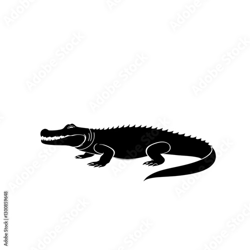 Stylized black silhouette of a crocodile on white background, artistic illustration concept