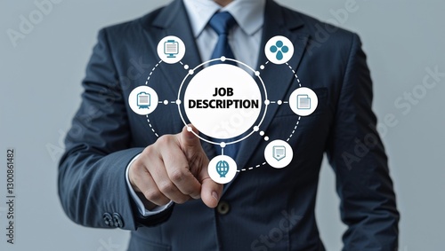 Businessman using virtual touchscreen presses the inscription: JOB DESCRIPTION. Concept of job description. General tasks, duties, skills,new