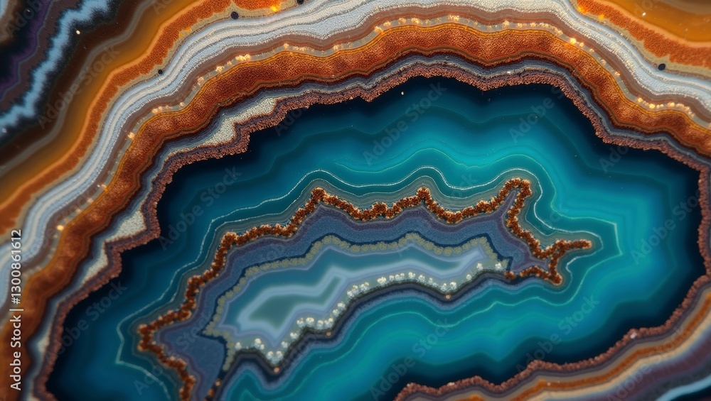 Close-up reveals intricate concentric banding and crystal formations within a vibrant agate stone. Close-up reveals intricate concentric banding and crystal formations within a vibrant agate stone.
