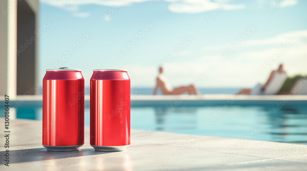 Fototapeta premium Mock up of aluminum drink can sitting near a pool in a sunny day and there are people enjoying the sun in the background