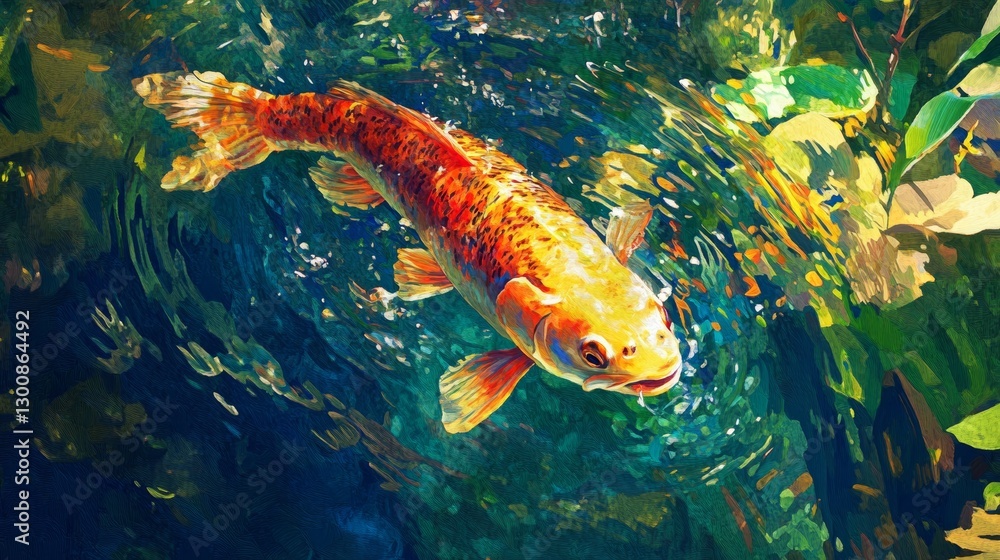 Vibrant koi fish swimming in lush pond surrounded by green foliage Vibrant koi fish swimming in lush pond surrounded by green foliage