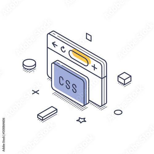 Isometric line art representation highlighting the concept of web development featuring a CSS element. This design utilizes clean outlines and shapes in a structured layout. Vector illustration