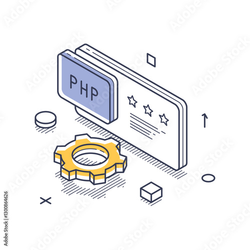 Isometric line art icon representing web development. It features a PHP badge alongside a yellow gear, surrounded by geometric shapes. Modern vector illustration