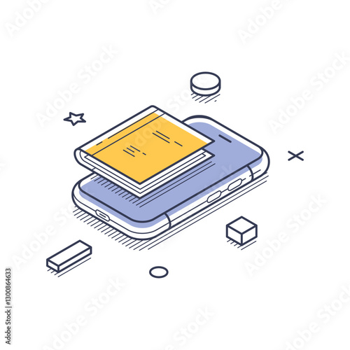 Smartphone with a book hovering above it, symbolizing online education and digital learning. This represents modern educational practices and resources. Modern isometric line art vector illustration