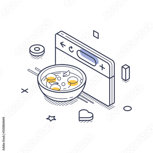 Bowl of soup with eggs and herbs placed next to an online food ordering screen. The design emphasizes modern food delivery services. Modern isometric line art vector illustration