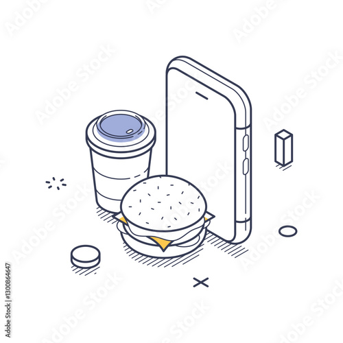 Smartphone alongside a drink and a sandwich, representing modern food delivery. The design captures the convenience of ordering meals online. Modern isometric line art vector illustration