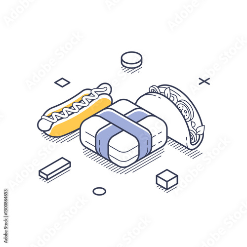 Food delivery theme, showcasing a hot dog, taco, and a gift-wrapped meal package. Ideal for infographics about food delivery services. Modern isometric line art vector illustration