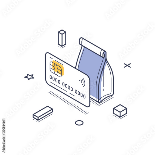 Food delivery service involving a payment card and a delivery bag. The design highlights modern food purchasing experiences in a clean, minimalist style. Modern isometric line art vector illustration