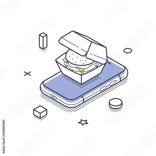 Smartphone with a takeout box containing a burger, emphasizing the food delivery concept. It creatively represents modern dining options. Modern isometric line art vector illustration