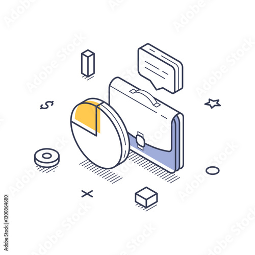 Visualizes a financial report through isometric line art, featuring a briefcase and various geometric elements. Represents essential business strategies and insights in an infographic style