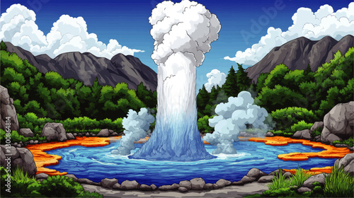 "Stunning Vector Illustration of Erupting Geyser Amidst Scenic Mountain Landscape with Lush Greenery, Rocky Terrain, and Blue Sky for Nature-Themed Designs"