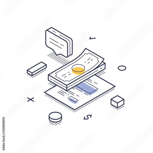 Isometric line art design of financial elements related to online markets, featuring currency, documents, and chat icons, emphasizing digital transaction concepts. Vector illustration