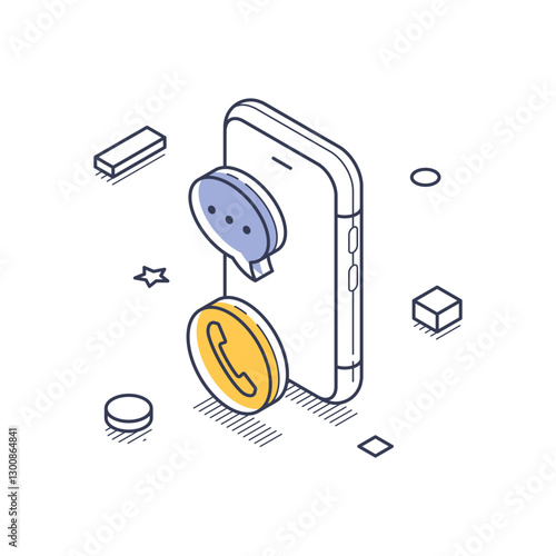 Isometric line art icon representing technical support, showcasing a smartphone with communication symbols like a phone and chat bubbles, set in a digital landscape. Vector illustration