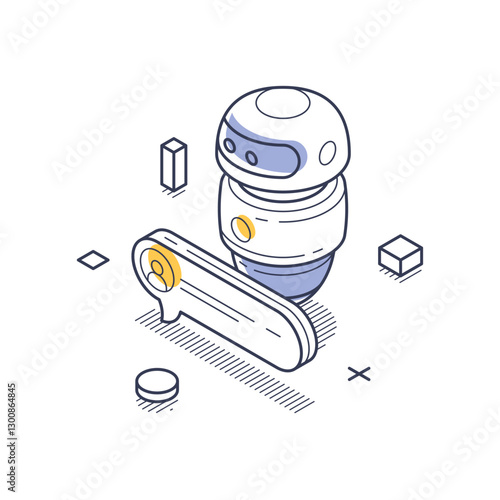Isometric line art icon features a technical support chat bot. Surrounding geometric elements enhance the modern, tech-inspired design. Vector illustration