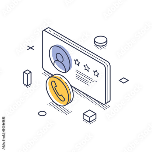 Isometric line art representation of technical support elements, including a user profile and a contact icon surrounded by geometric shapes. Vector illustration