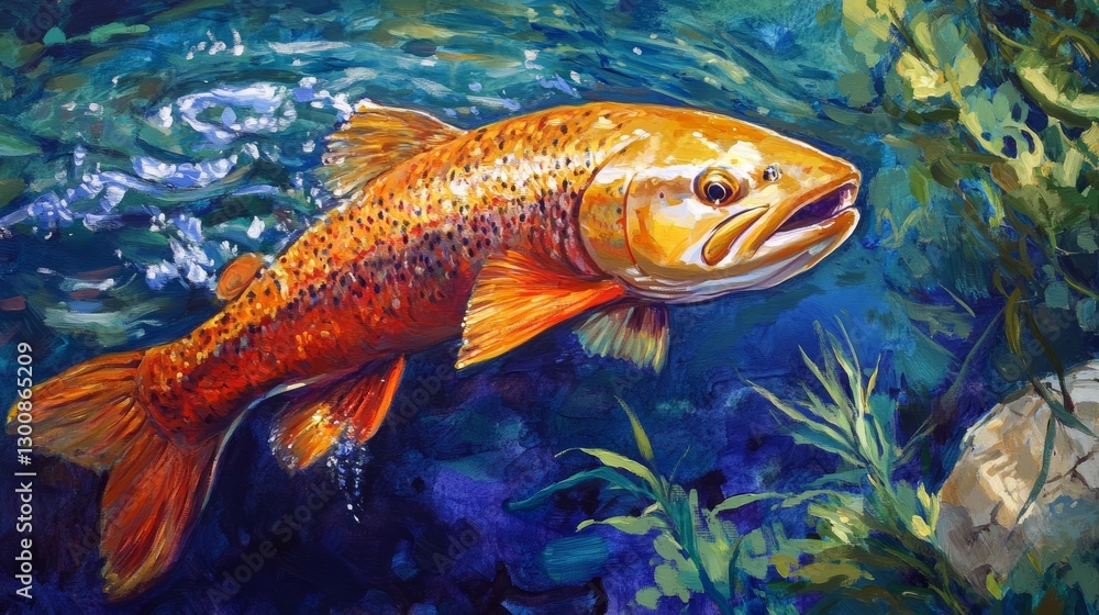 Fototapeta premium Vibrant underwater scene of a swimming trout in colorful natural habitat