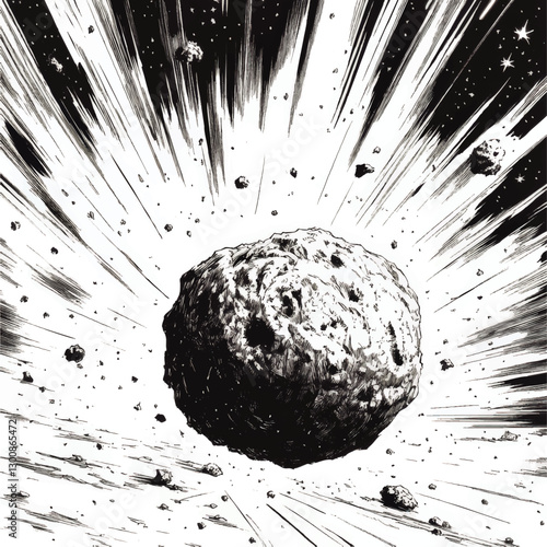 Explosive Asteroid Impact in Outer Space Vector Art: Dynamic Monochrome Illustration of Space Rock Collision with Debris in Comic Style Featuring Celestial Bodies
