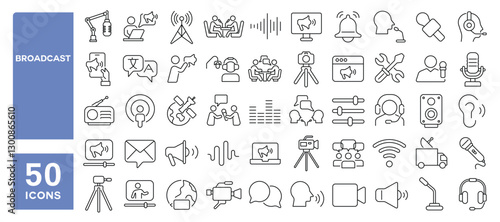 Set of 50 line icons related to broadcast, radio, interview, podcast, meeting, stream, video, audio, news, microphone, Editable stroke. Vector illustration