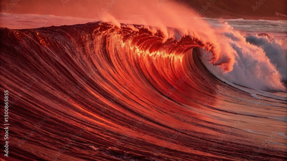 Obraz premium Fiery Sunset Ocean Wave Dramatic Red Hues & Dynamic Composition