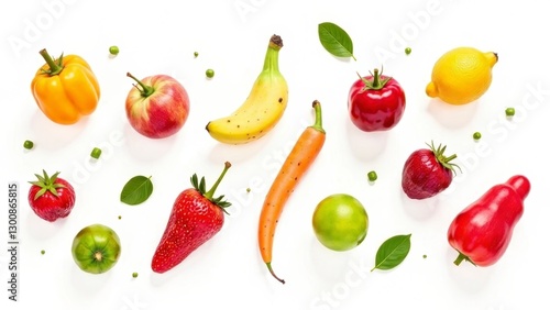 Colorful arrangement of fruits and vegetables on white background