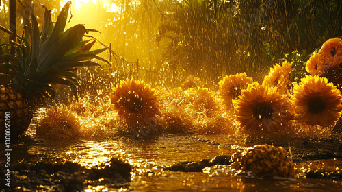 Dynamic splashes of water mixed with delicate petals shimmer under golden sunlight, highlighting the essence of Thailand’s Songkran festival and its festive tropical ambiance.