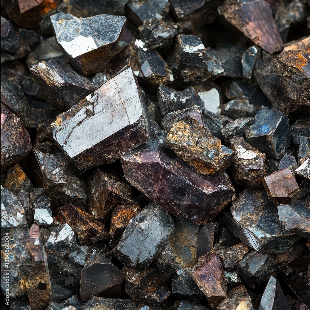 Dark mineral crystals on natural surface display Dark mineral crystals on natural surface display