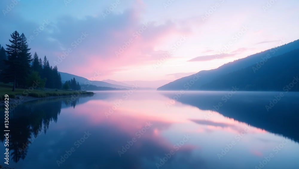 Fototapeta premium Calm lake reflecting a colorful sunset, surrounded by mountains and lush forests in the distance.