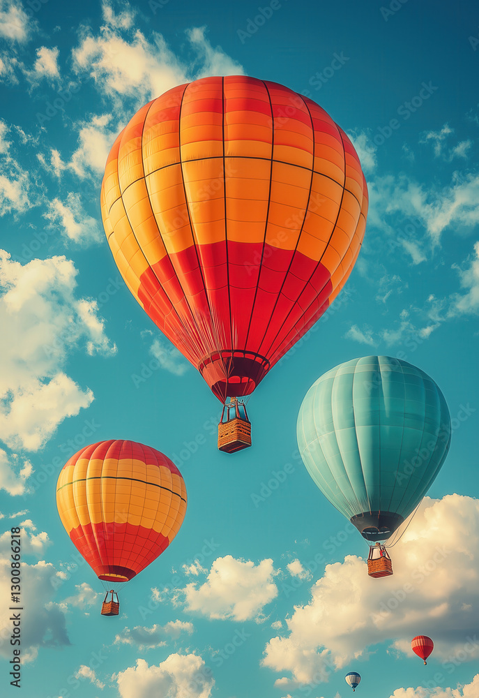 Fototapeta premium Flying balloons in the sky, vintage style.