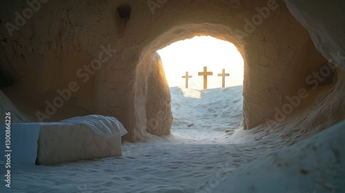 Easter, 3 crosses, the moment after Jesus Christ left his tomb, a beautiful sunrise