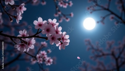 Pink cherry blossoms bloom under the moonlight, their delicate petals creating a dreamy spring night.