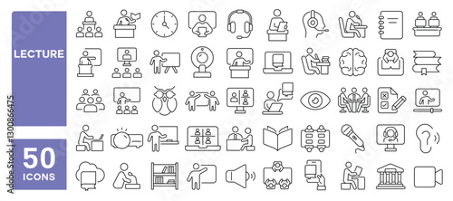 Set of 50 line icons related to lecture, teach, presentation, training, education, course, online, conference, session, audience, trainer, presenter, Editable stroke. Vector illustration