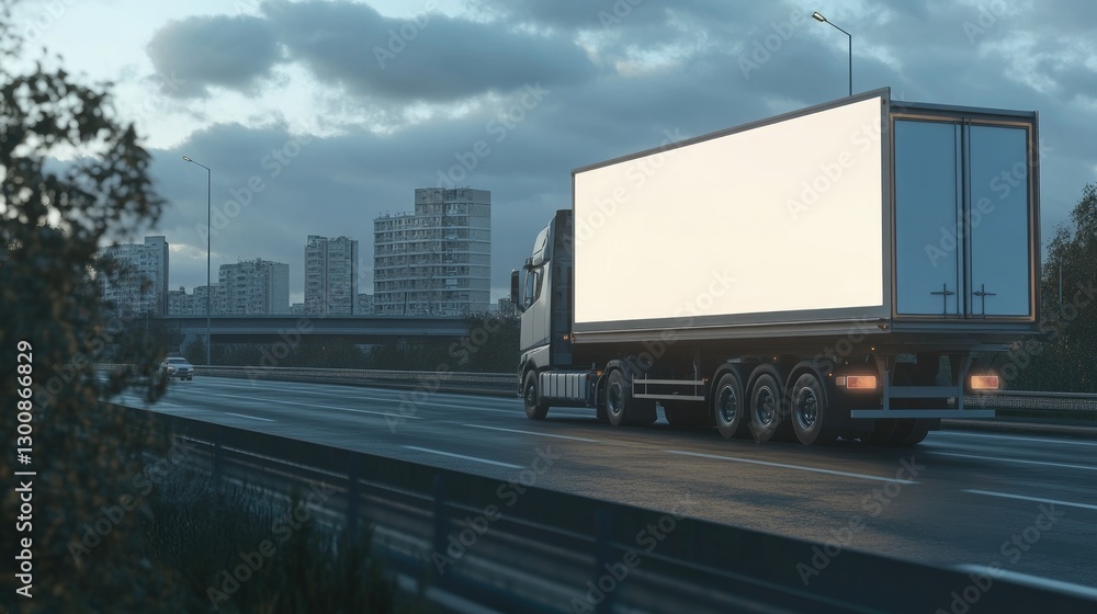 3D rendering of a white, blank billboard on the side of a truck moving down a highway. 3D rendering of a white, blank billboard on the side of a truck moving down a highway.